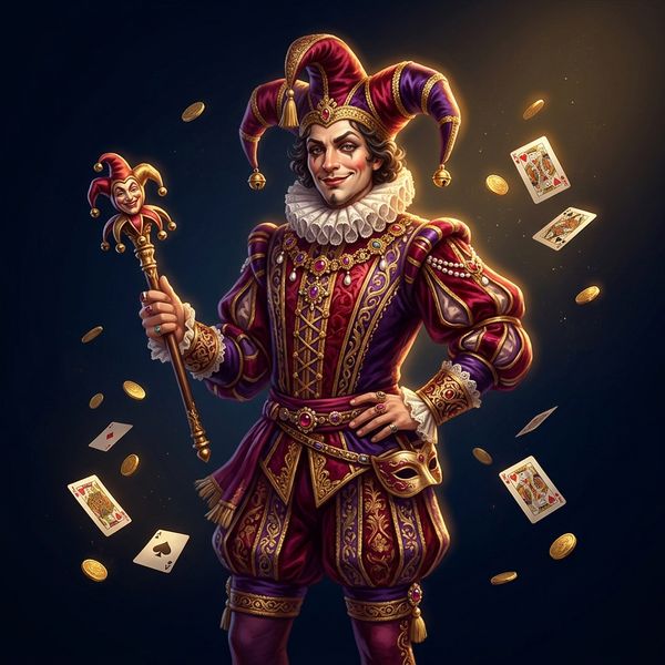 Ornate jester figure in royal crimson costume