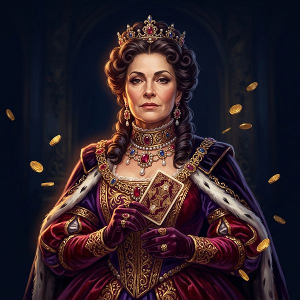 Regal queen figure holding ornate playing card