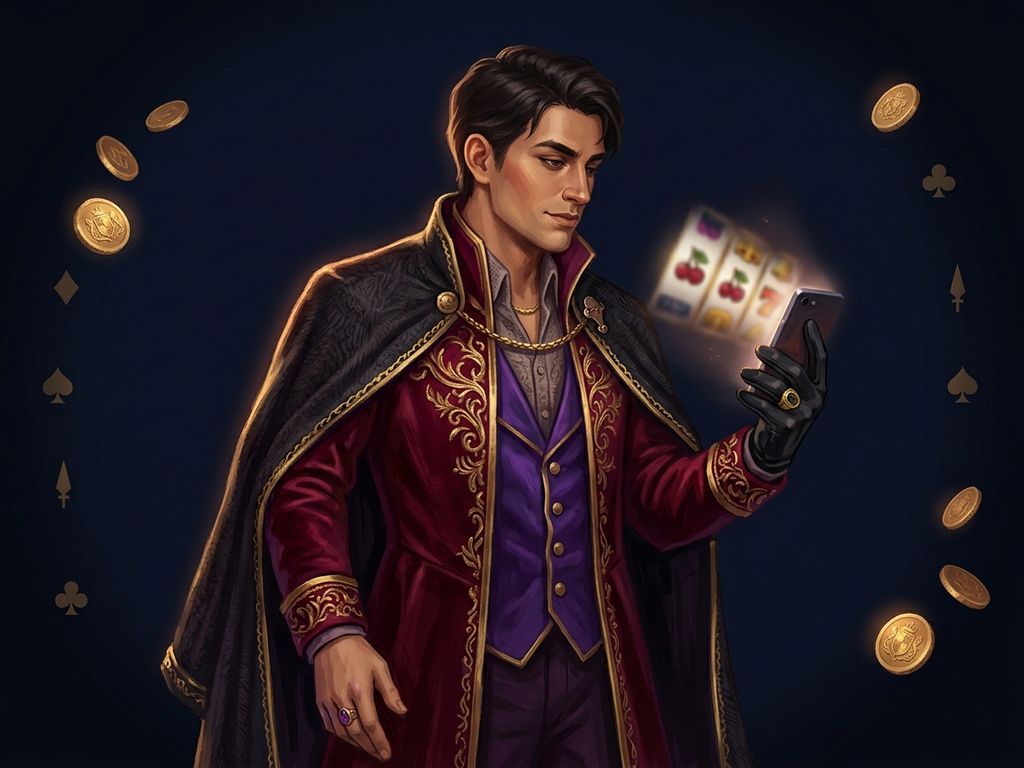 Figure holding phone with casino game display